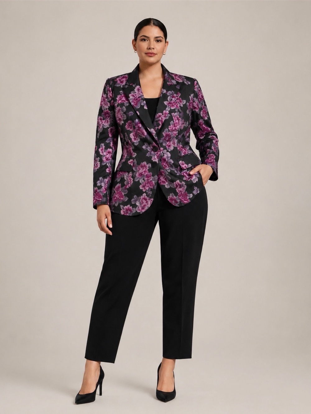 Eloquii Studio Black Floral Jacquard Blazer Jacket Womens 16 Magenta Plus Size